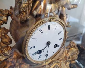 French Figural Clock under Glass Dome and Rope Base.  Running.