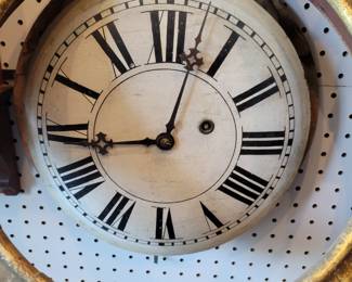 Wood dial, wood case, time only, runs.  Brewster and Ingraham of Bristol Connecticut. late 1800s. 17" across.  