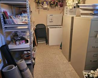 Nice deep freezer, metal filing cabinets, crafts and more....