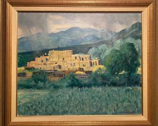 Sale priced today Richard Vernon Goetz oil painting of Taos pueblo. Call for info 210-222-0265