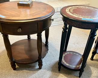 26”Rnd x 26.5h 2 tier end table w/ 1 useable drawer $75
17”Rnd x 28”h 2 tier wood table $39