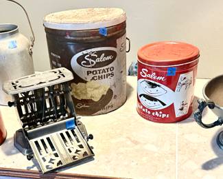 Vintage toaster $25
Red Salem potato chips empty vintage can $30