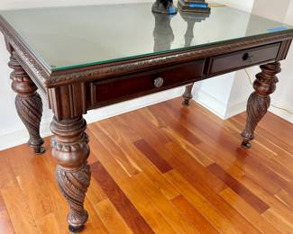 Bernhardt Furniture carved Wood Stationary Desk with glass top 52”w x 30d x 30”h $185
