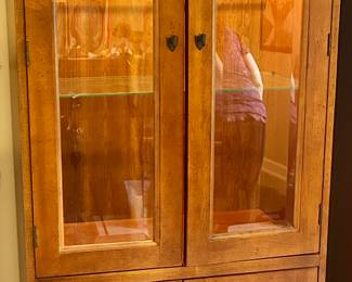 Wood cabinet with glass front doors & bottom storage 30w x 28”d x 76.5”h $150