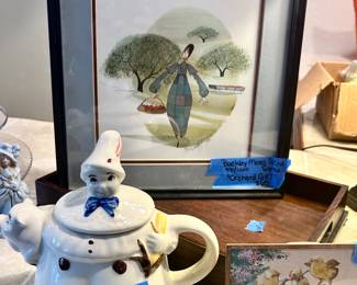 Signed, numbered, matted, framed Buckley Moss
Orchard Girl Print $65
1943 “the Pipers Son” ceramic tea pt $10
Vintage Easter postcard framed $5