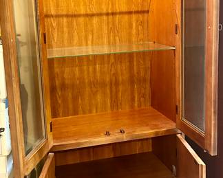 Wood cabinet with glass front doors & bottom storage 30w x 28”d x 76.5”h $150
