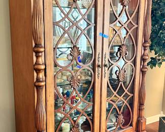 Ornate solid wood trimmed curio cabinet with glass doors, bottom drawer 50”w x 24d x 84”h $500