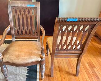 Bernhardt Furniture Dining table
45”w x 75” x 30”h with (2) leaves & pads $$850
4 carved wood, leather seat chairs $125ea
2 leather seat arm chairs $165 ea
Total set $1650