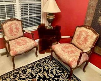 WAVERLY FABRIC UPHOLSTERED ARM CHAIRS, DECORATIVE URN LAMP