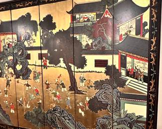 6 panel black lacquer wood Coromandel w/ gold leaf. Image to reverse may be ducks - haven’t seen in years. 