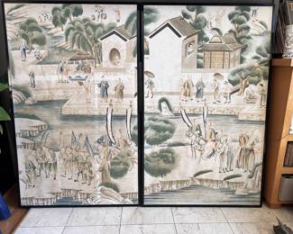Vintage Chinese Wall Papwr scenes in 2 large panels