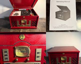 Electro Brand Nostalgia 5-in-1 Wooden Music Center, model #9288GB. It combines several audio playback options in a retro-style design