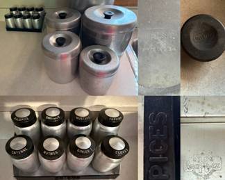 Vintage aluminum West Bend Nesting Cannisters set of 5, Vintage Kromex Aluminum Spice Jars In Spice Rack
