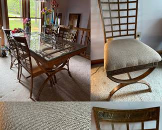 Egyptian 5 Piece Dining Room Set in Bronze Patina Finish-Glass Top Table Hammered Tubing Meta
