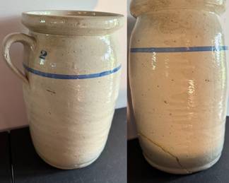 2-gallon stoneware butter churn with a blue stripe and handle AS-IS Repaired