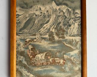 1950s Rockabilly Border Print Western Wagon Cavalcade Vintage Print on Barcloth Framed