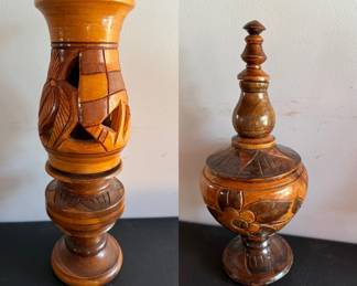 Rare 2 Piece Hand Lathed Floral Island Carved Wooden Haitian Footed Vase 18"
