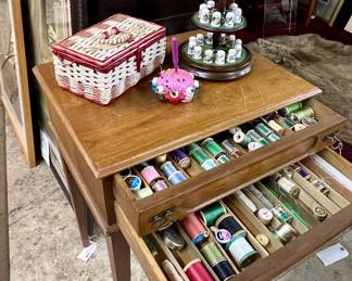 Lot of Antique 2-Drawer Spool Cabinet Filled w/Spools of Thread, Sewing Kit, Pin Cushion, Porcelain Song Birds of the World Thimble Collection