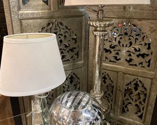 Lot of Mirrored/Shiny Lamps, Glass Bowl/Vase