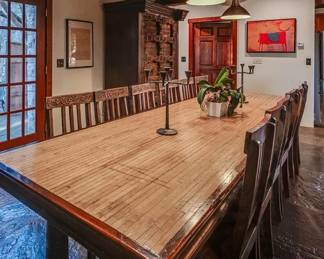 Custom made 12 feet long dining table w chairs. The top is a lane from historic Baltimore City bowling alley.