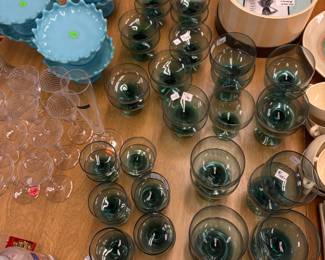 Russell Wright Green glassware, Fenton Aqua Blue compotes