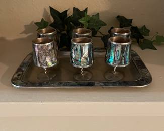 Alpaca Mexico Silver and Mother of Pearl Inlaid Tray and 6 Cordial Shot Glass Set