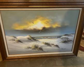 Remington Framed Seascape Beach Seagulls Oil Painting