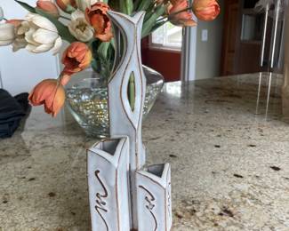 Vintage Geometric Handmade Clay Bud Vase White Glazing Open Sided Abstract