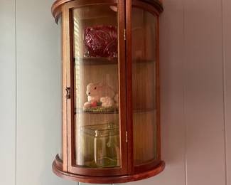 Antique Wood Display Wall Cabinet with Curved Glass