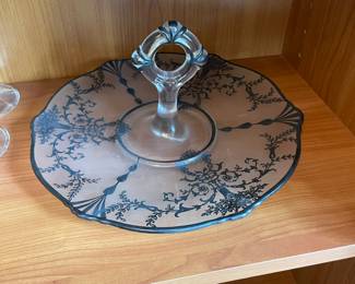 Vintage Blac Overlay Clear Glass Serving Plate with Handle