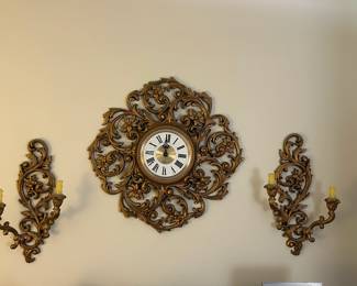 Vintage Gold Wall Clock and Candlestick Holders