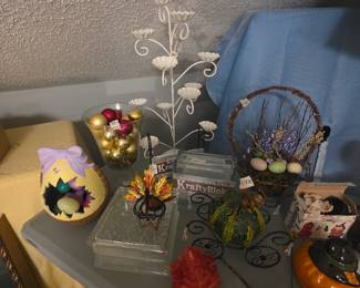 Candle holders, Easter items, and more in upstairs room over garage