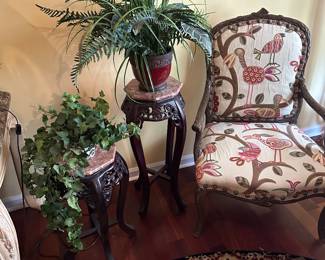 Designer chair in the form of a tree branch with designer fabric
2 Chinese plant stands with marble
