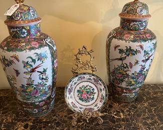 Famille Rose pair of urns