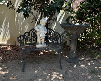 Concrete black bird bath
Concrete little girl and iron bench