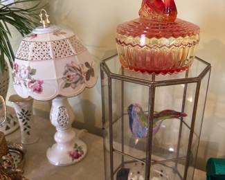 Display case, art glass, crystal lady bug