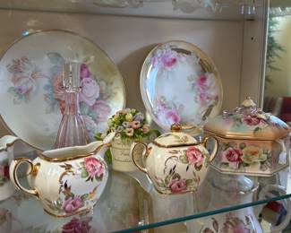 Stunning hand painted floral cream / sugar, plates, box