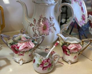 Stunning antique hand painted floral cream / sugar / tea pot