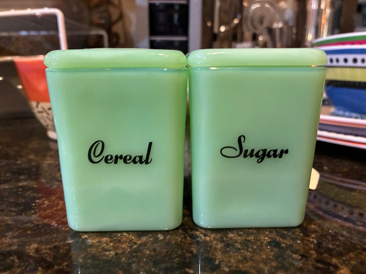 vintage green glass Cereal and Sugar canister