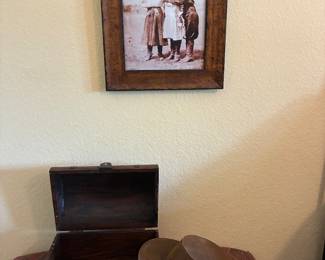 leather hat and wood box
