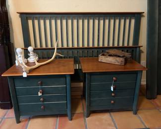 two blue nightstands and headboard