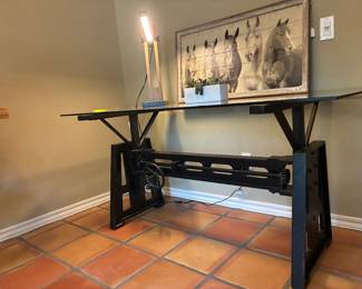 industrial glass-topped desk