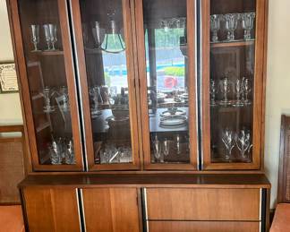 Really Cool Mid Century Modern Urbanite Walnut Dining Room set by Bassett - table with six chairs and 3 leaves, China cabinet, console server, drop leaf bar/server