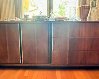 Really Cool Mid Century Modern Urbanite Walnut Dining Room set by Bassett - table with six chairs and 3 leaves, China cabinet, console server, drop leaf bar/server
