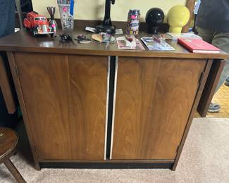 Really Cool Mid Century Modern Urbanite Walnut Dining Room set by Bassett - table with six chairs and 3 leaves, China cabinet, console server, drop leaf bar/server