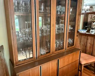 Really Cool Mid Century Modern Urbanite Walnut Dining Room set by Bassett - table with six chairs and 3 leaves, China cabinet, console server, drop leaf bar/server