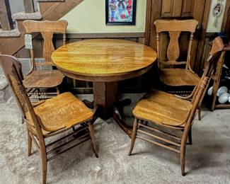 Vintage Oak Square Pedestal Table and four vintage tiger oak t-back chairs