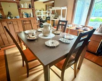 Really Cool Mid Century Modern Urbanite Walnut Dining Room set by Bassett - table with six chairs and 3 leaves, China cabinet, console server, drop leaf bar/server