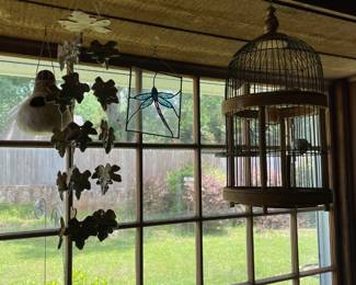 Wind chimes, stained glass, bird cage