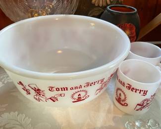 Tom and Jerry milk glass punch bowl and cups